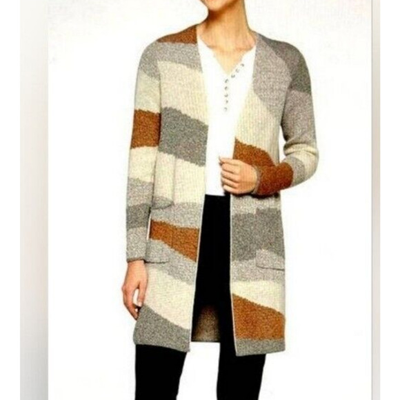Fortune Ivy Women's Cream Colorblock Oversized Long Sleeve Cardigan Size Sm New - Picture 1 of 10